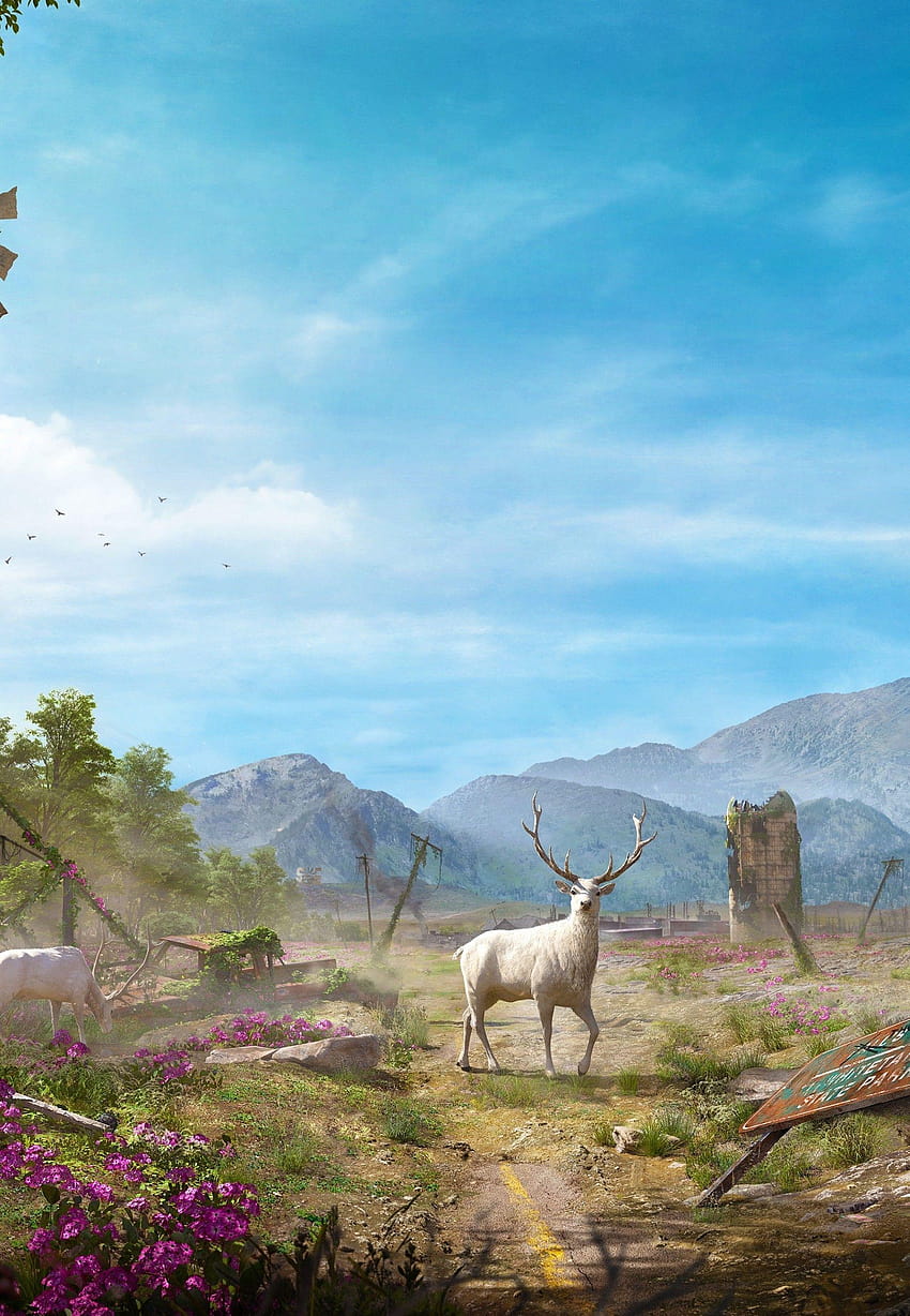 1800x2600 Far Cry: New Dawn, Deers, Abandoned Field, Sky, Far Cry New Dawn fondo de pantalla del teléfono