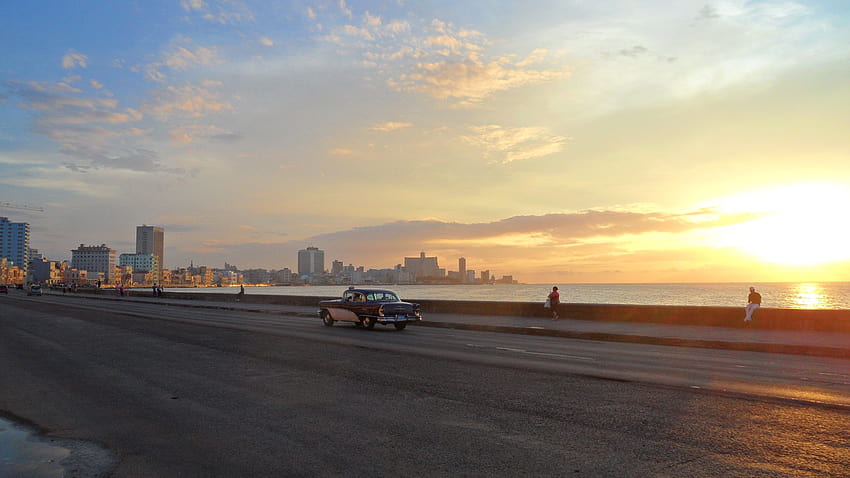 Zachody słońca: Hawana Pomarańczowy Niebieski Zachód słońca Malecon Morze Kuba Odbicia Tapeta HD