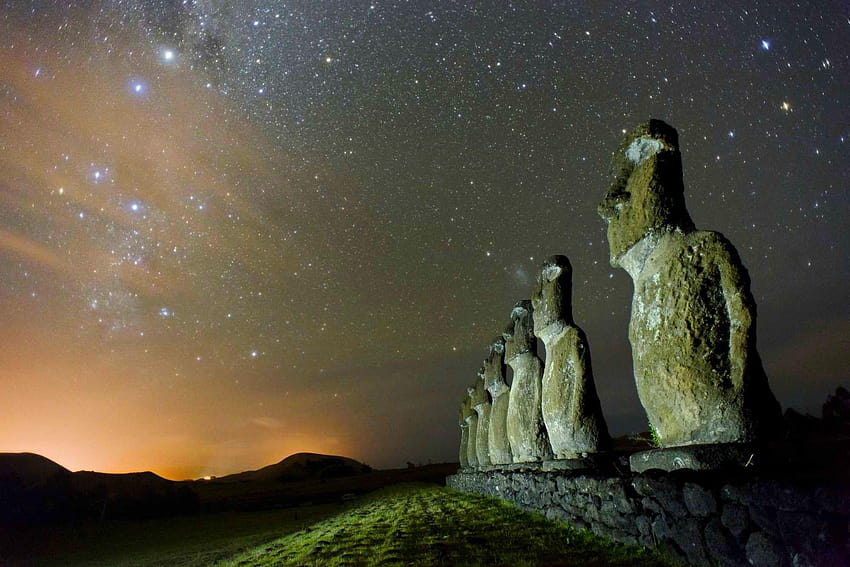 night, Universe, Easter Island, Monuments, Chile, Statue, Moai, monuments during night HD wallpaper
