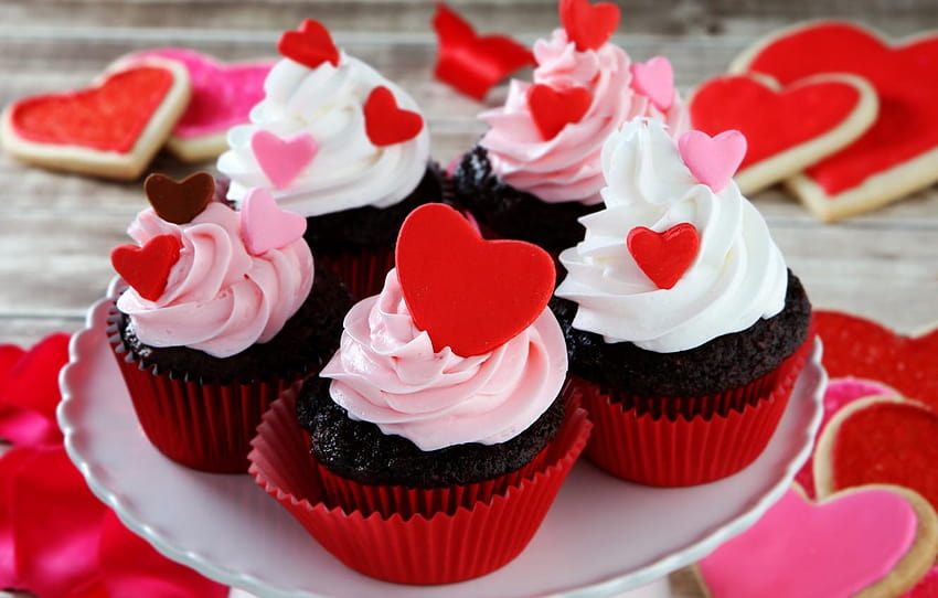 cookies, hearts, love, cream, heart, valentine's day, valentines day cupcakes HD wallpaper
