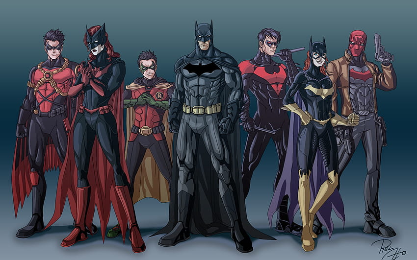 3200162 / 2560x1600 artwork, batgirl, batman, batwoman, bodysuit, comics, hood, justice, league, nightwing, red, robin, suit, superheroes, red superhero suit HD wallpaper