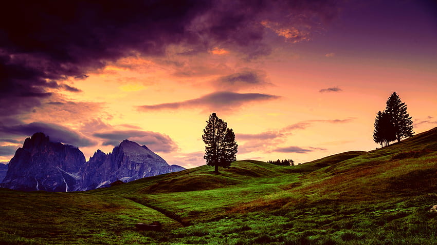 landscape, Mountains, Green, Grass, Hills, Trees, Sky, Clouds, Purple, Storm, Stone / and Mobile Backgrounds HD wallpaper