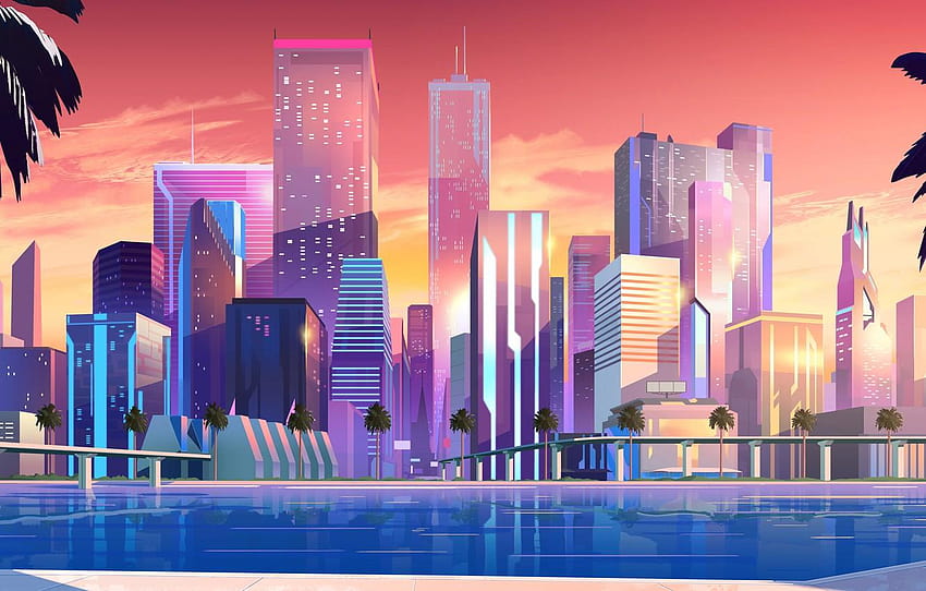Sunset, Home, Sea, Music, The city, Neon, Shore, city sunset illustration HD wallpaper