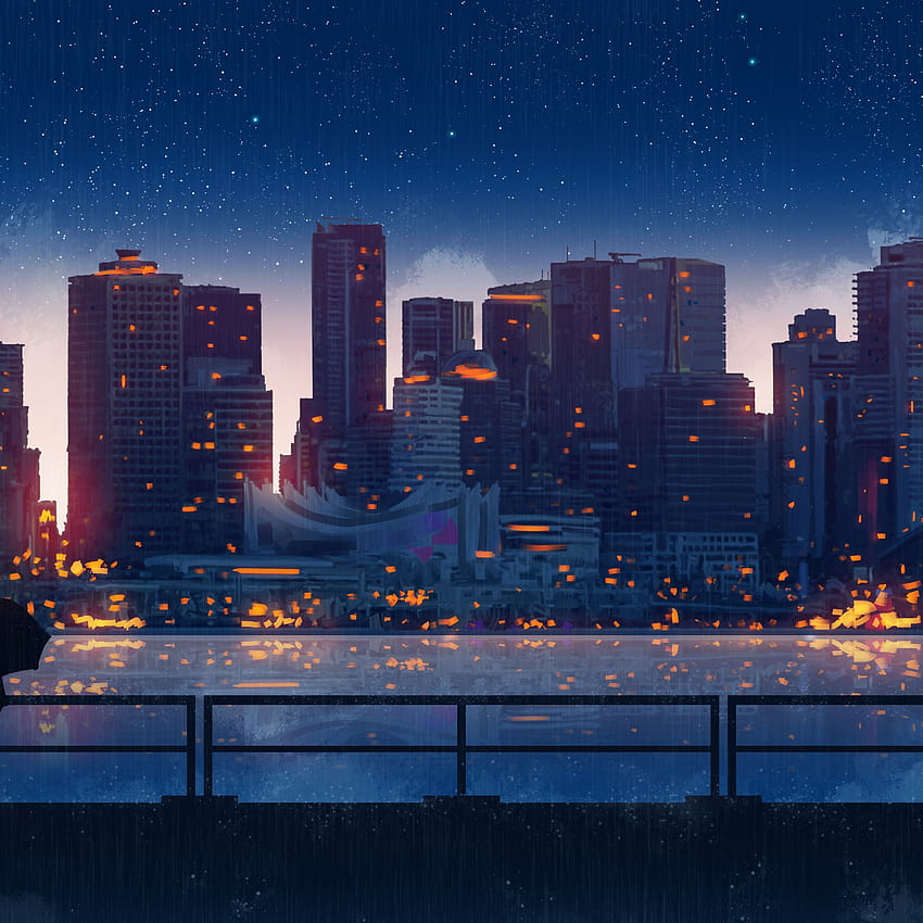 2048x2048 Anime City Lights Nachtregen Regenschirm Himmel Ipad Air, Regenästhetik HD-Handy-Hintergrundbild