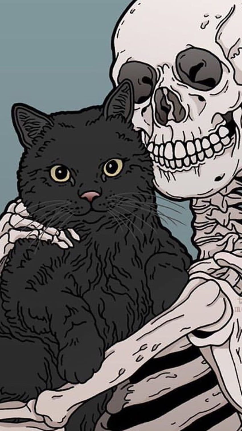 Kitty y Skeleton gatos mascotas lindas, gatos de dibujos animados de halloween fondo de pantalla del teléfono