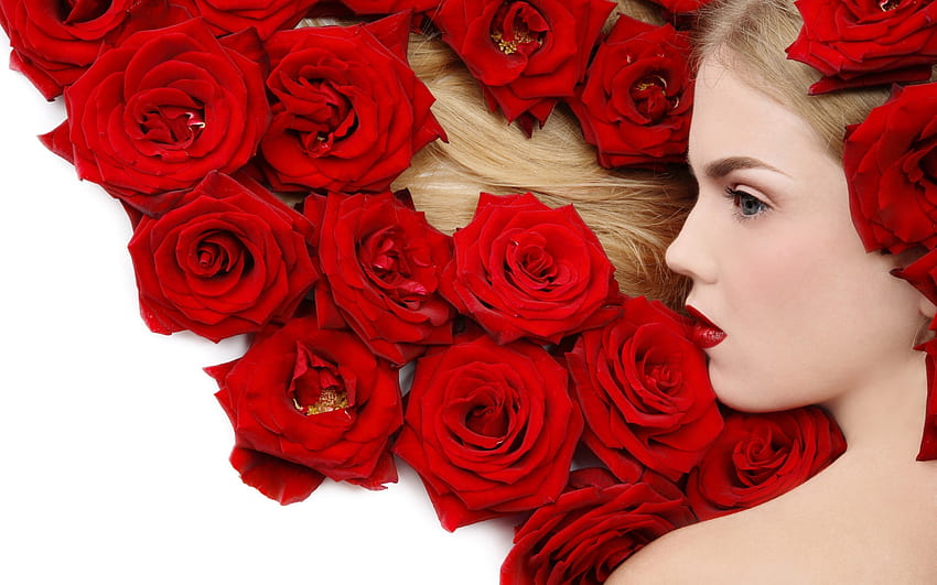 women model blonde face red lipstick blue eyes flowers rose profile white backgrounds red flowers / and Mobile Backgrounds, women with rose flower HD wallpaper
