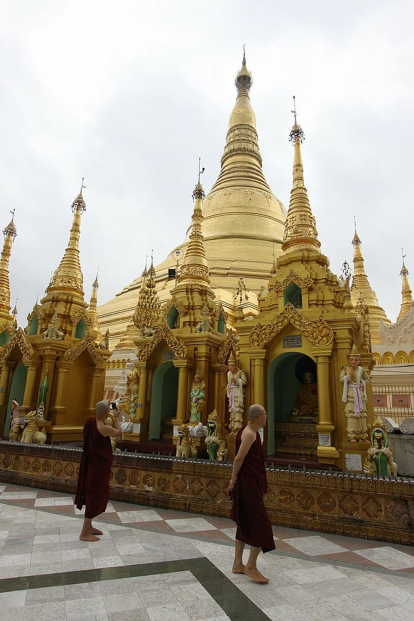 : shwedagon, golden pagoda, monks, myanmar, myanmar pagoda mobile HD phone wallpaper