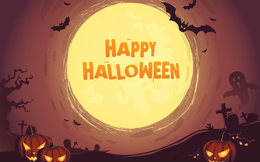 Fröhliches Halloween-Kürbis-Friedhofs-Fledermaus-Mond-Retina, fröhliches Halloween-Zeichen HD-Hintergrundbild