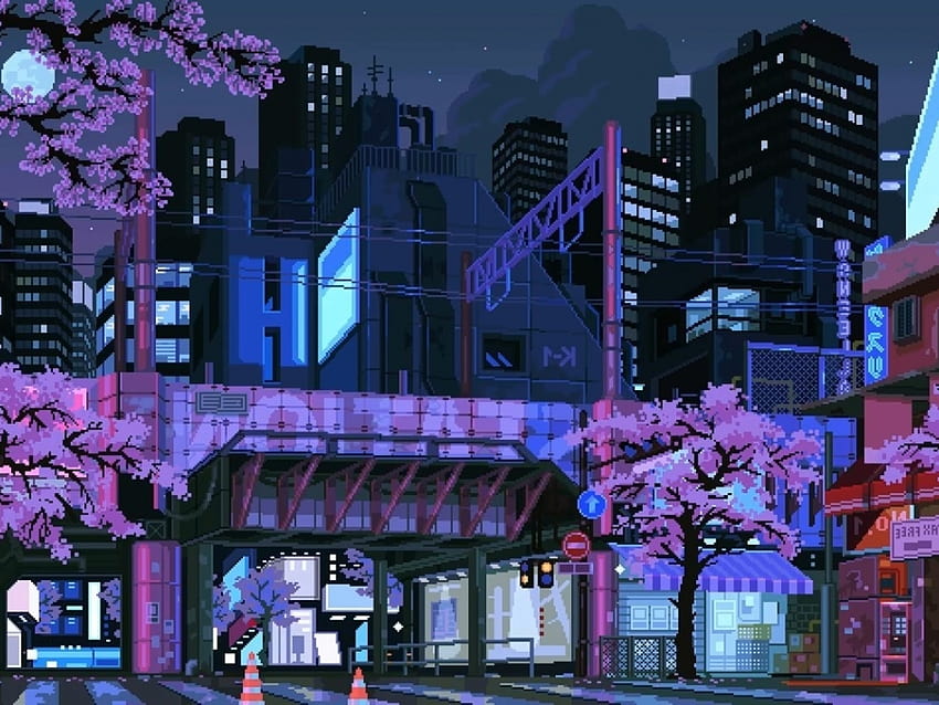 Grattacieli, pixel, città, città, fiori di ciliegio, notte, pixel cherry Sfondo HD