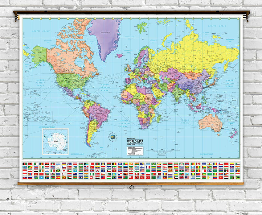 Politische Klassenzimmer-Weltkarte für Fortgeschrittene auf Spring Roller, politische Weltkarte 2021 HD-Hintergrundbild