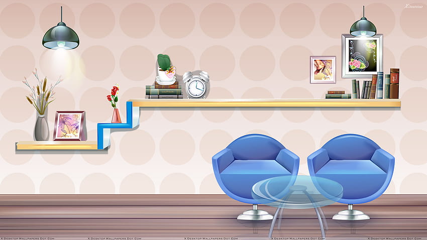 Rosa Kreishintergründe und blaue Stühle im Arbeitszimmer, Arbeitszimmer-PC HD-Hintergrundbild