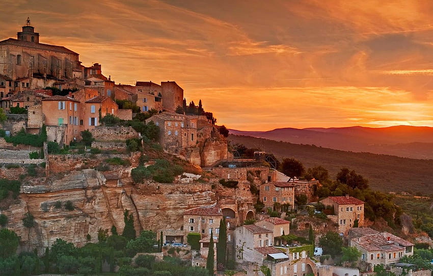 pegunungan, Prancis, rumah, lereng, cahaya, Provence, cote dazur Wallpaper HD