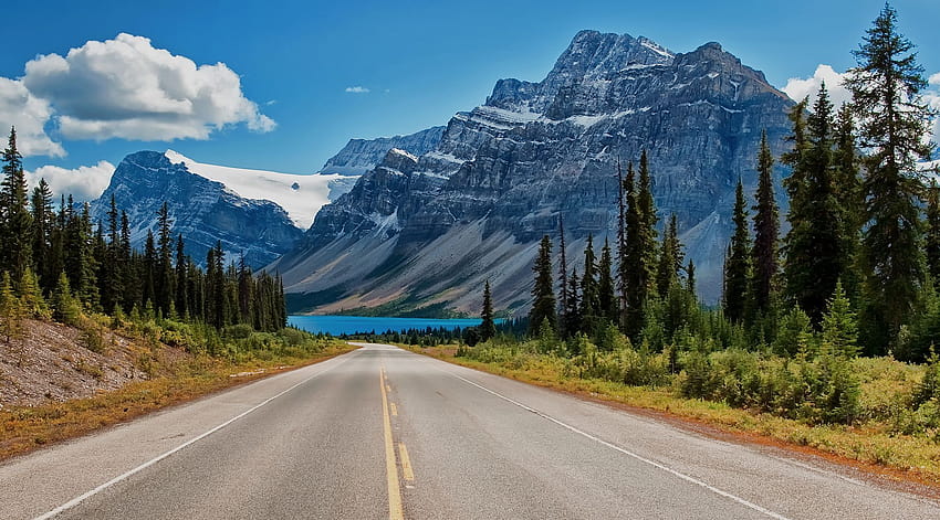Canada Canadian Rockies Road Trees Lake Mountains, amazing mountain road HD wallpaper