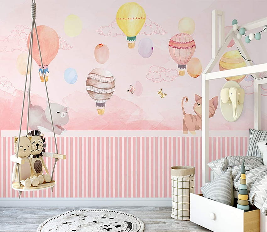 Murwall Kids for Girls 핑크 하늘 벽 종이 귀여운 고양이 벽 벽화 수채화 열기구 벽 인쇄 보육 침실: 수제 제품 HD 월페이퍼
