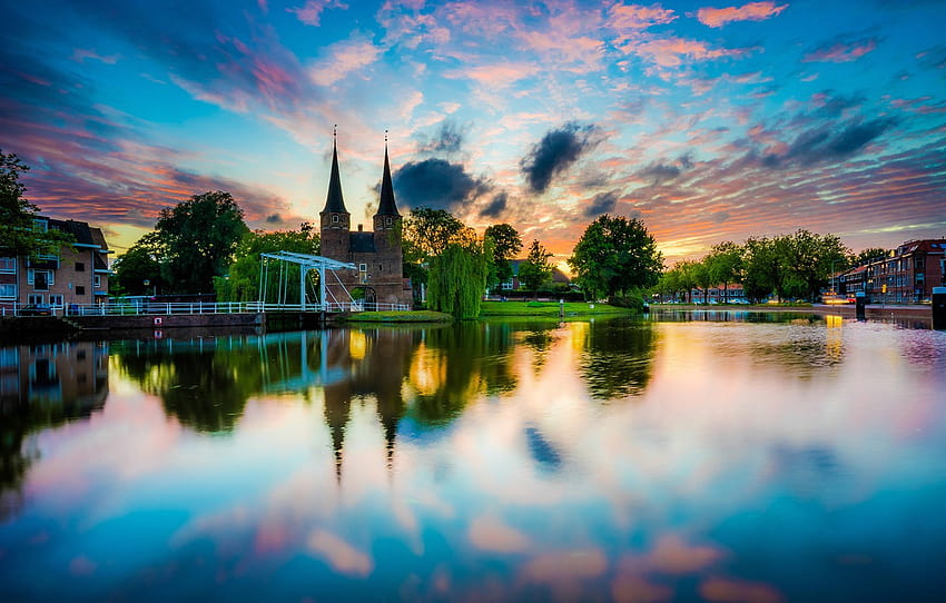 il cielo, il sole, le nuvole, gli alberi, il tramonto, il fiume, la casa, i Paesi Bassi, Delft , sezione город Sfondo HD
