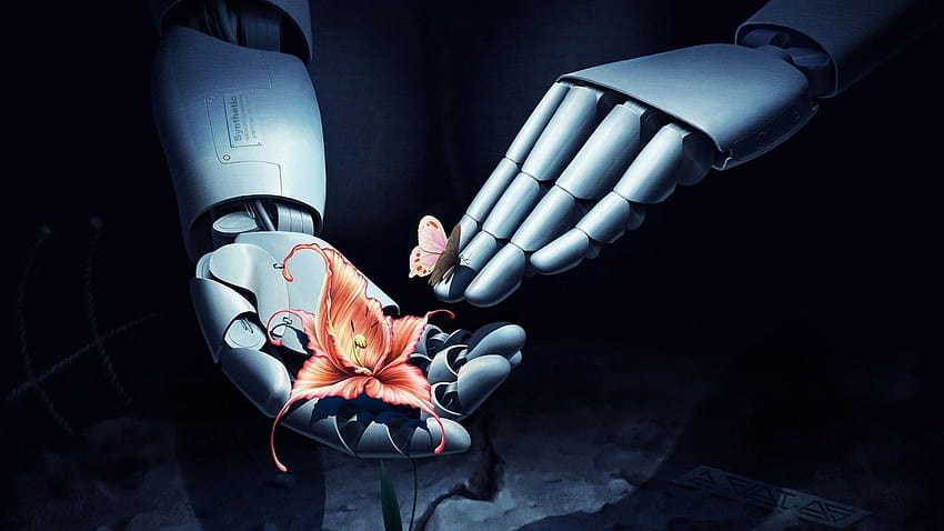 : hands, flowers, robot, 3D, butterfly, technology, hand, darkness, Sense, arm, screenshot, computer 1920x1080, robot arm HD wallpaper