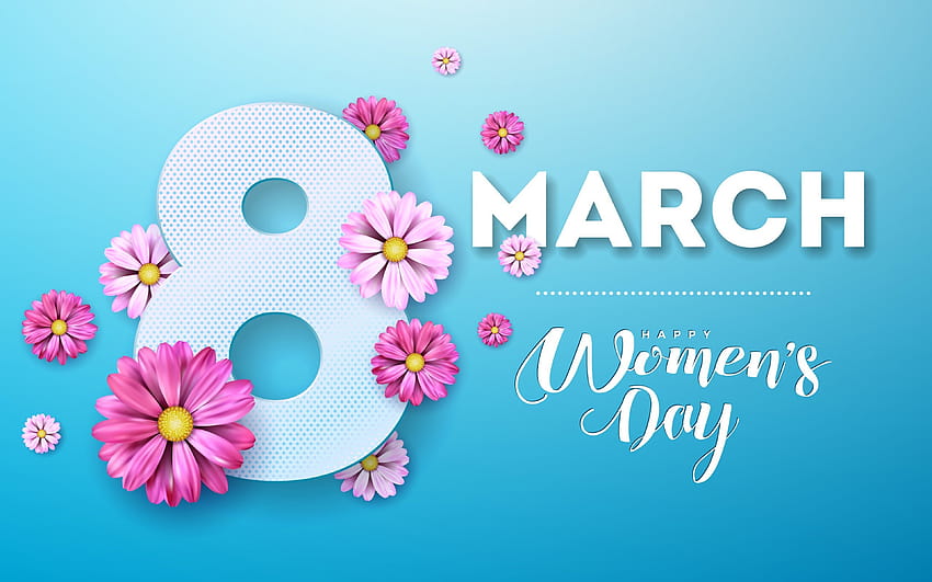 International Womens Day, 8 March, blue backgrounds, creative, 8 March greeting card, Happy Womens Day, 3D flowers with resolution 3840x2400. High Quality HD wallpaper