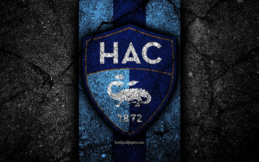 Havre FC, Logo, Ligue 2, Fußball, schwarzer Stein, Frankreich, Fußball, Fußballverein, Liga 2, Havre, Asphalttextur, französischer Fußballverein, FC Havre mit einer Auflösung von 3840 x 2400. Hohe Qualität, hac HD-Hintergrundbild