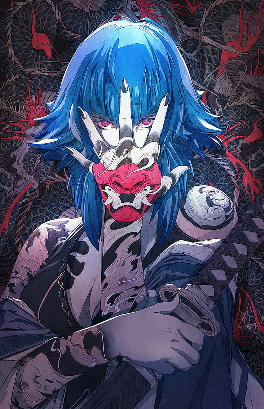 Аниме Girl Mask Dark, публикувано от Джон Джонсън, концептуално аниме за самурайско изкуство HD тапет за телефон