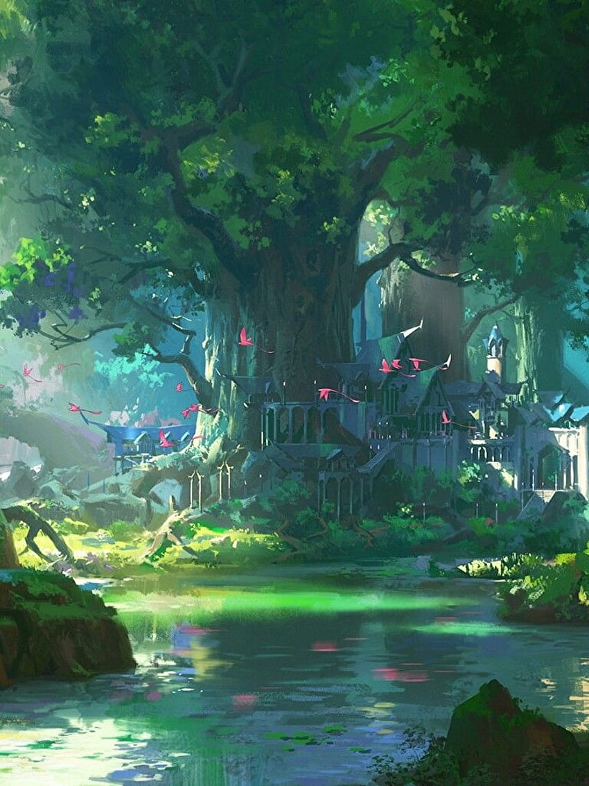 2 Anime Forest Scenery, paisaje de anime verde fondo de pantalla del teléfono