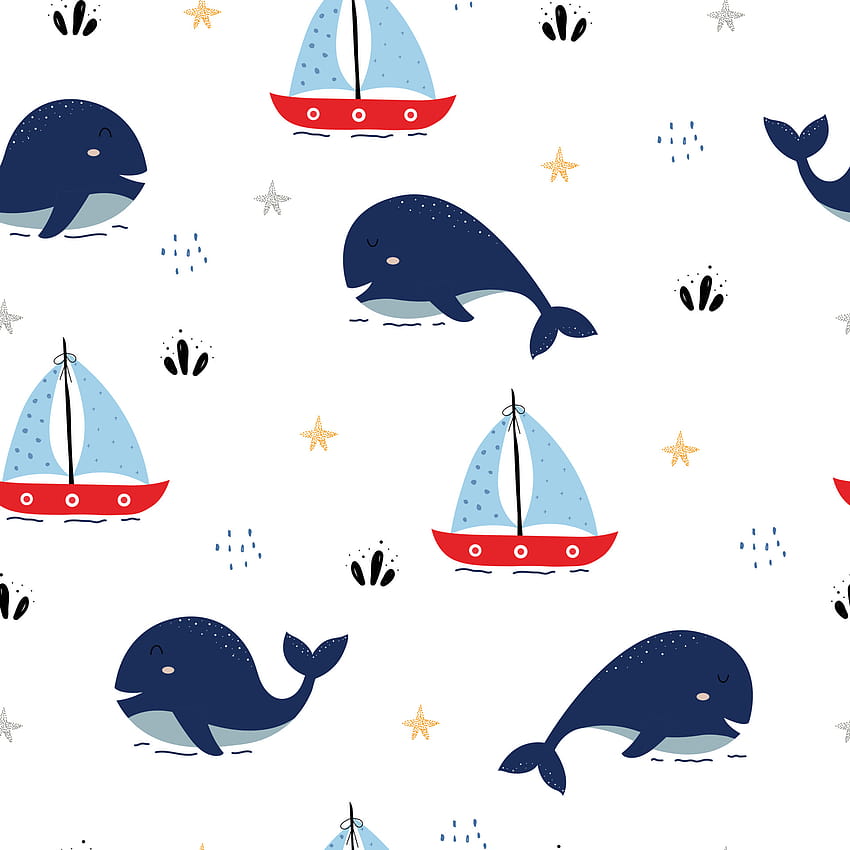 Modello senza cuciture Gli sfondi del mare con balene e barche Design carino, disegnato a mano in stile cartone animato. Utilizzato per la pubblicazione, tessuti, illustrazione vettoriale 4552680 Vector Art at Vecteezy, balena carina Sfondo del telefono HD