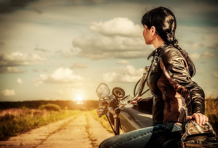 the bike, motorcycle, road, the leather jacket, jacket, field, brunette, nature, girl, the sun with resolution 4000x2717. High Quality, motorcycle jacket HD wallpaper