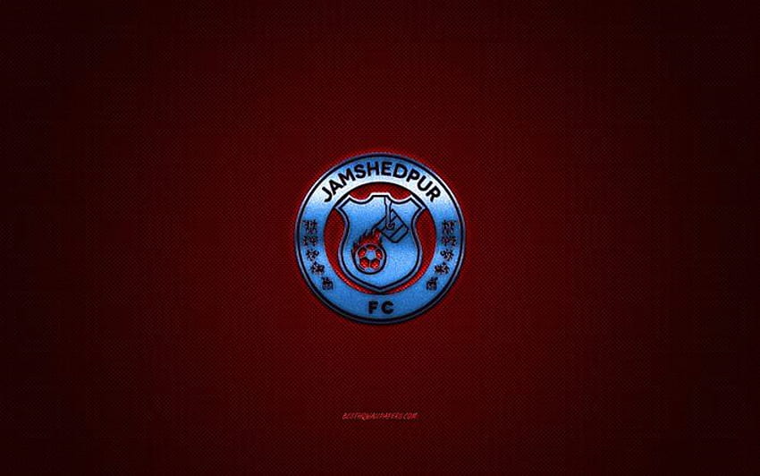 Jamshedpur FC, Indian football club, blue logo, red carbon fiber background, Indian Super League, football, Jamshedpur, India, Jamshedpur FC logo . HD wallpaper