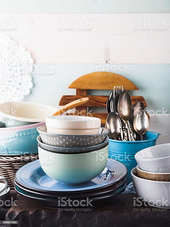 Ceramic Crockery Tableware On Wooden Background. Stock Photo, Picture And  Royalty Free Image. Image 86272772.