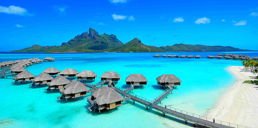 ocean, mountains, summer, resort, Bora Bora, turquoise water, tropical, paradise, island, bungalows, beach, French Polynesia, walkway ::, bora bora resort HD wallpaper