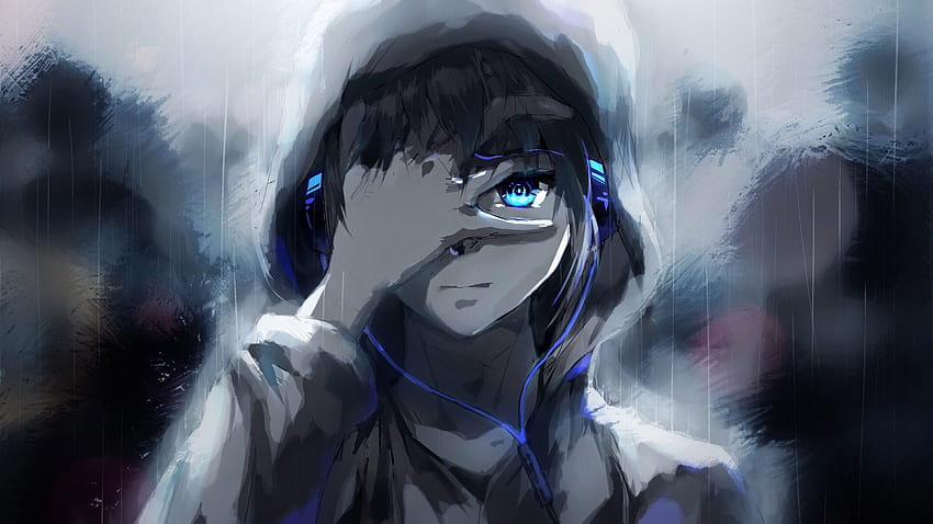 Anime boy, bluza z kapturem, niebieskie oczy, słuchawki, malowanie • For You For & Mobile, neonowy chłopiec anime Tapeta HD