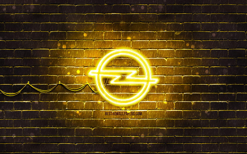 Logotipo amarillo de Opel, pared de ladrillo amarillo, logotipo de Opel, marcas de automóviles, logotipo de neón de Opel, Opel con una resolución de 3840x2400. Alta calidad, logotipo de fondo de pantalla