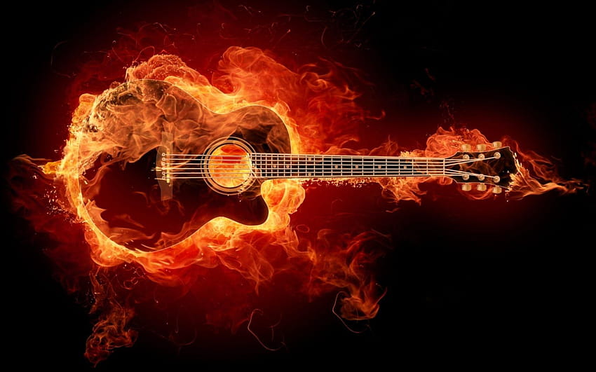 Fiamma acustica del fuoco della chitarra, chitarra bruciante Sfondo HD