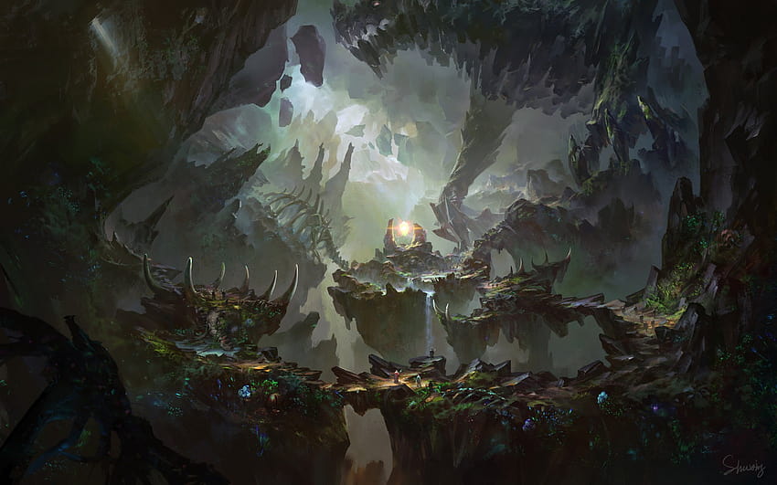: fantasy art, creature, cave, jungle, giant, Formation, screenshot, landform 1920x1200, fantasy cave HD wallpaper