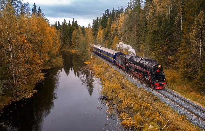 autumn, forest, landscape, nature, Park, rails, train, railroad, Karelia, Ruskeala, Andrey Bazanov , section пейзажи, autumn and railroad tracks HD wallpaper