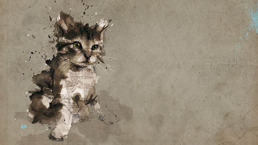 2560x1440 cat, kitten, gray, drawing backgrounds, cat drawing HD wallpaper