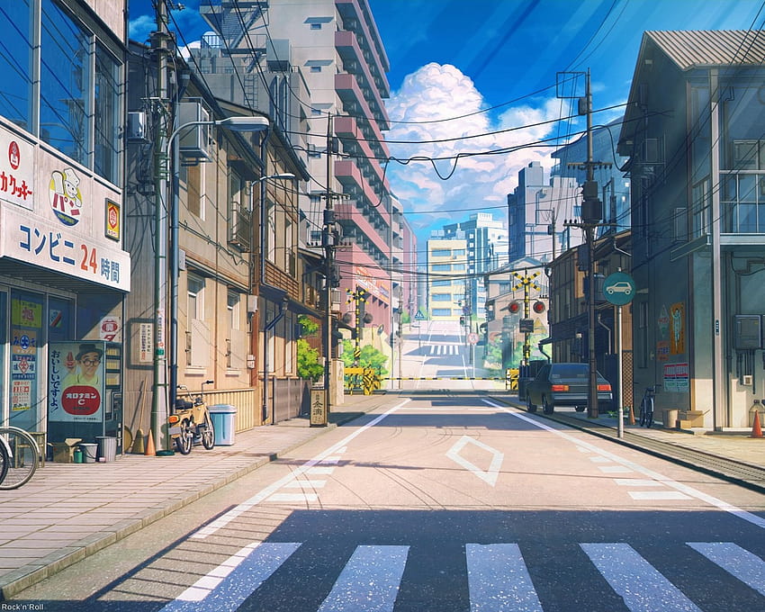 1280x1024 Anime Street, Scenic, Buildings, Bicycle, Cars, Road, Clouds HD wallpaper