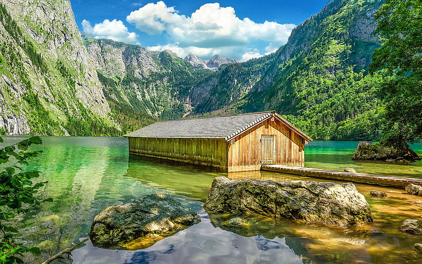 Планинско езеро Obersee Близо до езерото Konigssee Бавария Berchtesgaden, езеро Koenigssee HD тапет