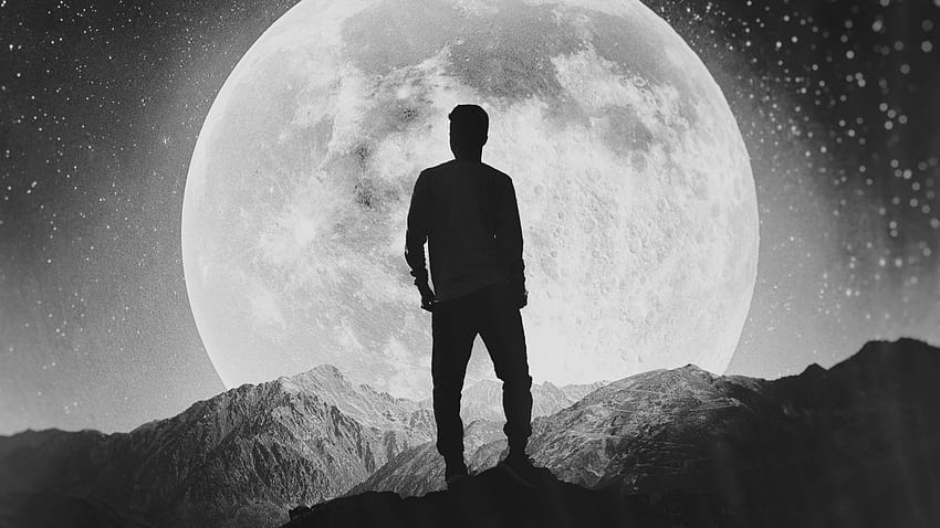moon, silhouette, alone, explorer, man, mountains, , background, 3f43ee, alone full screen HD wallpaper