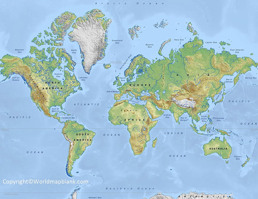 Mapa del mundo físico imprimible etiquetado fondo de pantalla