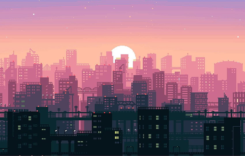 Sunset, The sun, Music, The city, Pixels, Synthpop, city pop HD wallpaper
