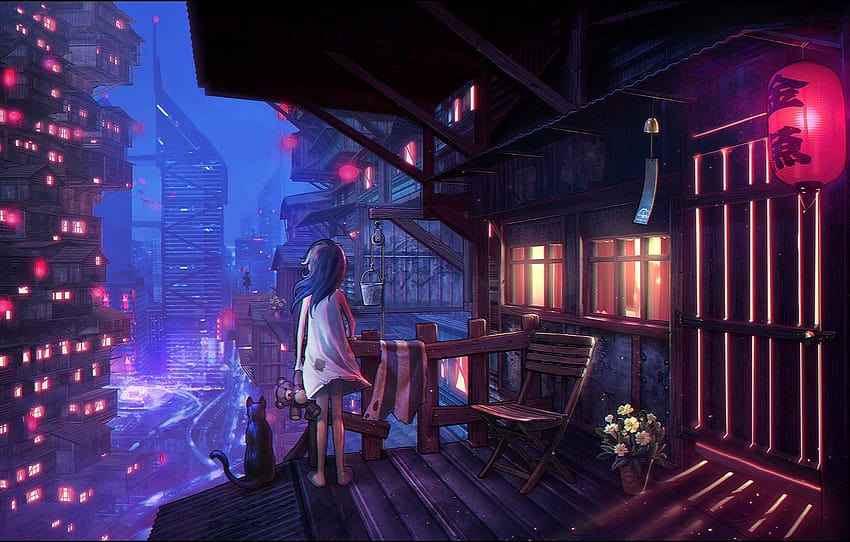 Nacht, Die Stadt, Japan, Katze, Mädchen, Gebäude, Mädchen, Stadt, Japan, Nacht, Katze, Beleuchtung, Gebäude, Surreal, Beleuchtung, Ghetto, Abschnitt арт HD-Hintergrundbild