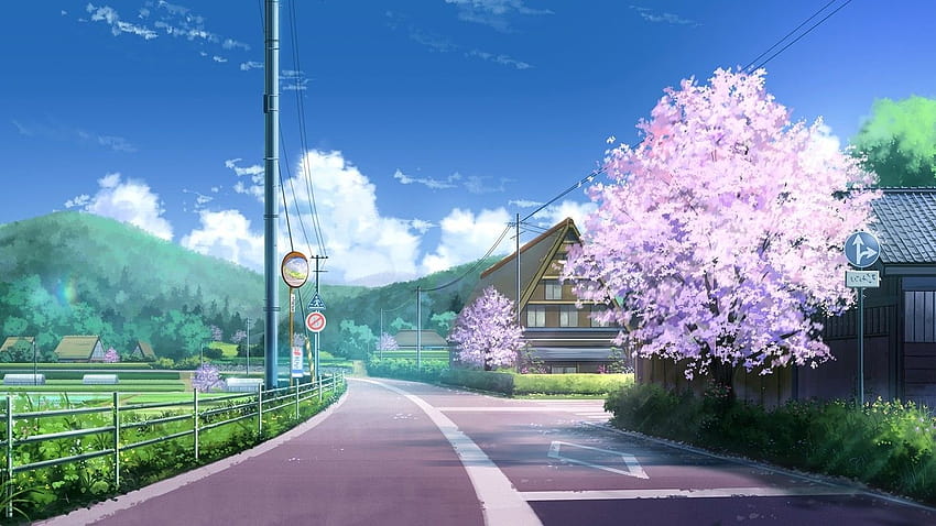 도로, 구름, 벚꽃, 풍경 / 애니메이션로드 HD 월페이퍼