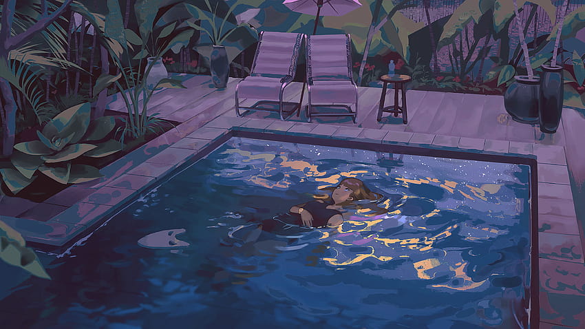 Grafika Basen Kobiety Noc Odbicie Anime Dziewczyny z anime Pływające w wodzie Patrząc w górę, pływanie anime Tapeta HD