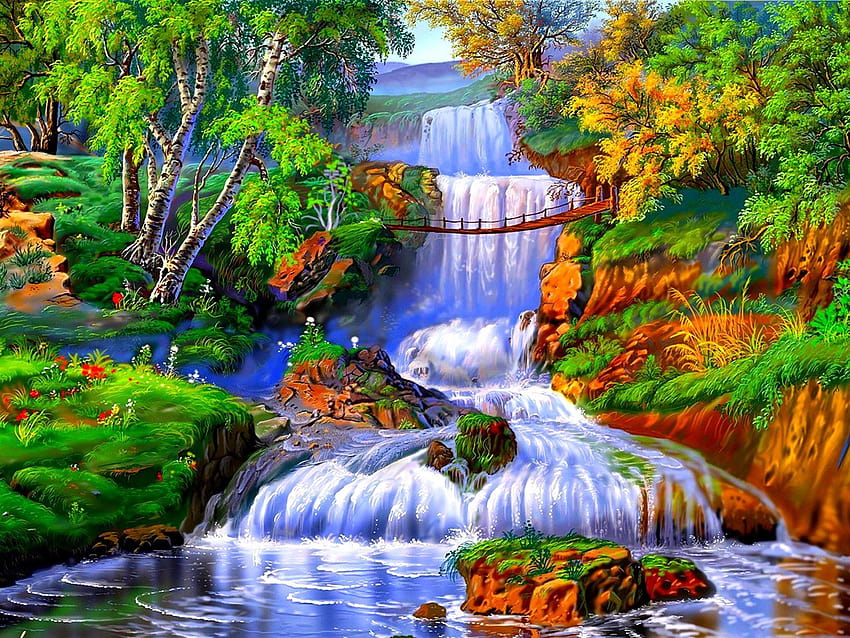Sommer Schöne Malerei Blumen Grün Natur Wald Pflanzen, Wasserfall Sommer HD-Hintergrundbild