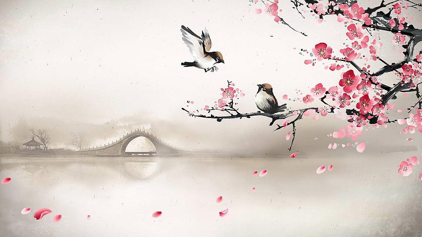 Art asian oriental flowers blossom bridges, cherry blossom painting HD wallpaper