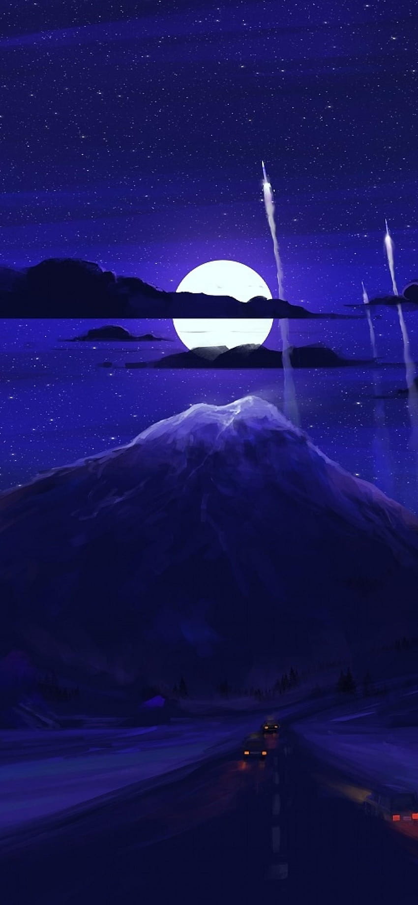 1242x2688 Nightscape, Moon, Rockets, Painting, Stars, mountain moon ...