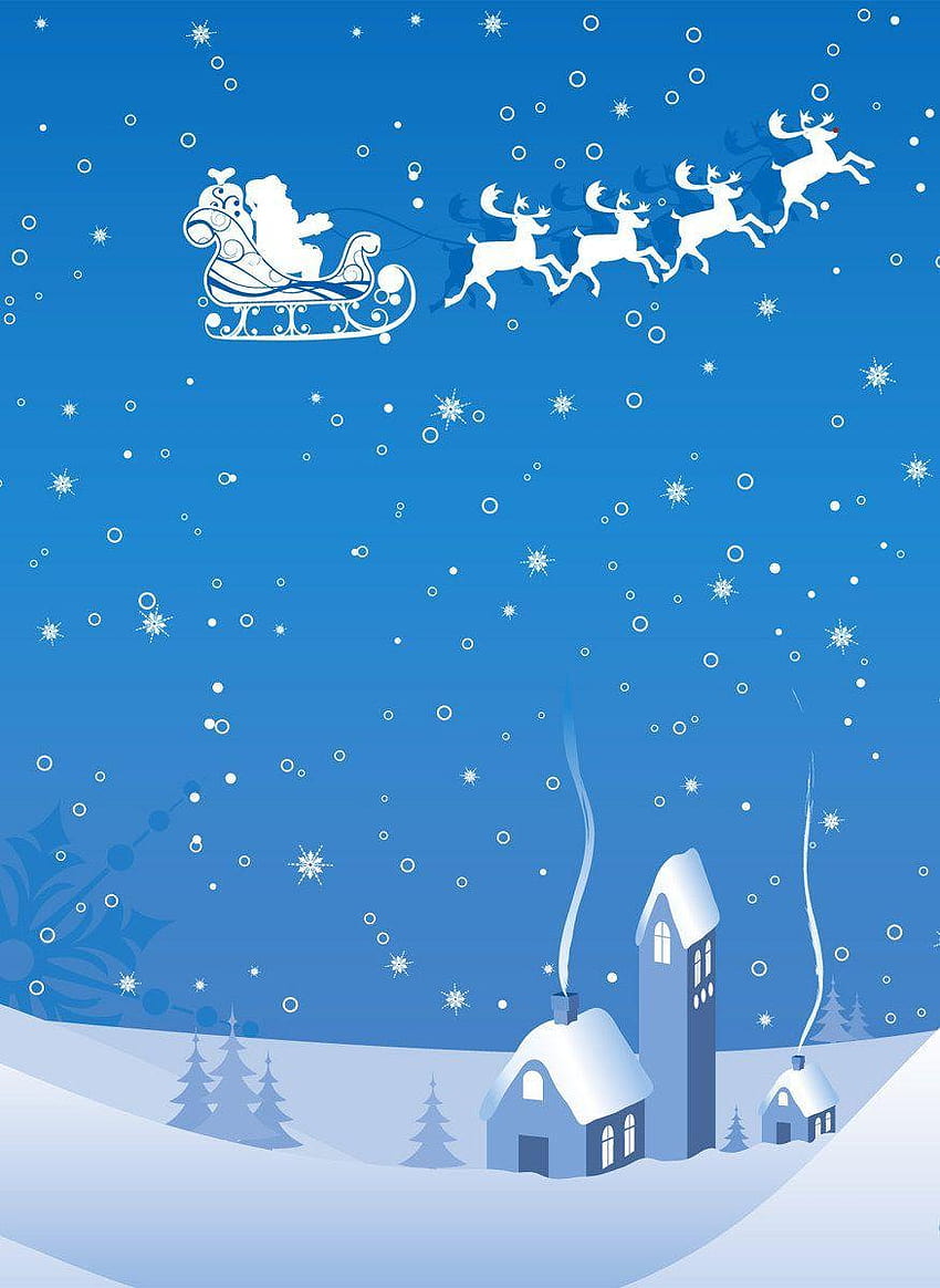 Santa and his sleigh rides over the snowy town., santas sleigh in the sky HD phone wallpaper