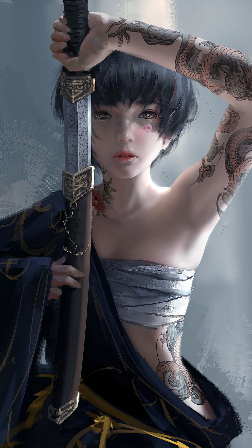 327980 Fantasy, Girl, Tattoo, Warrior, Sword, phone , Backgrounds, and HD phone wallpaper