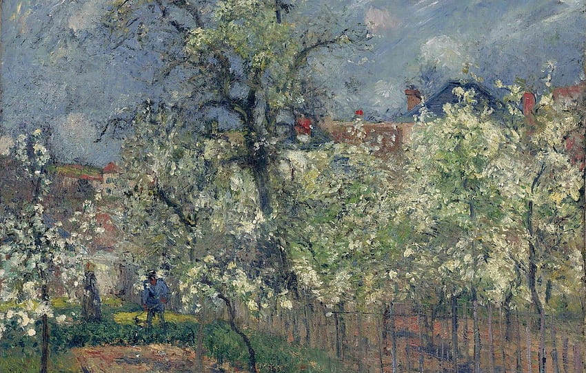 landscape, spring, Camille Pissarro, In the garden of Maubuisson. PONTOISE. Pear blossoms , section живопись HD wallpaper