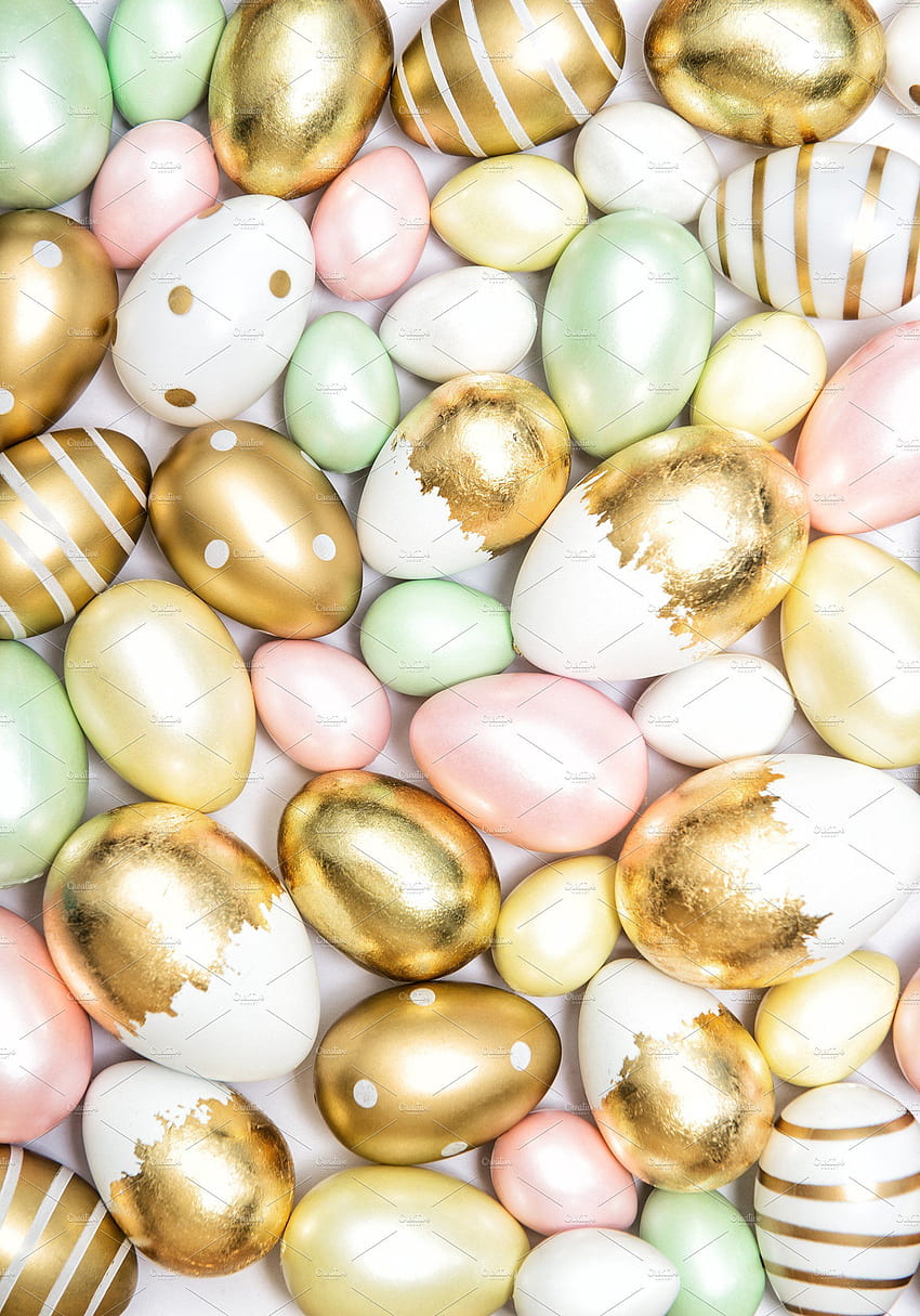 Easter eggs golden pastel decoration, golden easter eggs HD phone wallpaper